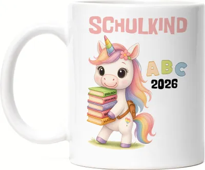 Produktbild von Schulkind 2026 Tasse Weiß Einhorn – Klassische Geschenkidee Einschulung, Kinder-Tasse mit ABC Motiv Mädchen Erstklässler