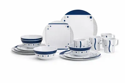 Produktbild von Melamin Campinggeschirr Set [Cubic blue] für 4 Personen – 16-teilig – bruchsicher, BPA-frei – ideal für Camping, Outdoor & Wohnmobil