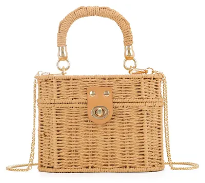 Produktbild von BWBIKE Schultertasche für Damen aus Stroh, handgewebt, Strandtasche aus Rattan, Vintage-Stil, Boho-Tasche für den Sommer, mit Schulterriemen oder Tragehenkel oben
