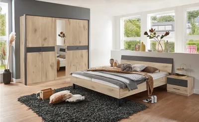 Produktbild von Schlafzimmer Komplett Set 4-teilig BRADFORD-43 inkl. Bett 180x200 cm Eiche mit graphit