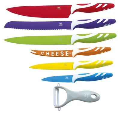 Produktbild von 6tlg. Messerset KING® FRUTI mit Edelstahl beschichtete Messerklingen plus gratis Schäler / Größen: Kochmesser 20cm, Brotmesser 20cm, Universalmesser 12.5cm, Käsemesser 12.5cm, Ausbeinmesser 20cm, Gemüsemesser 8.5cm