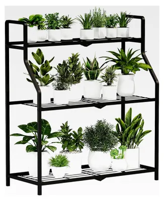 Produktbild von Pflanzenständer aus schwarzem Metall für Innen- und Außenbereich, Pflanztisch für Blumen und Kräuter, stabiler Blumenständer mit 3 Ebenen