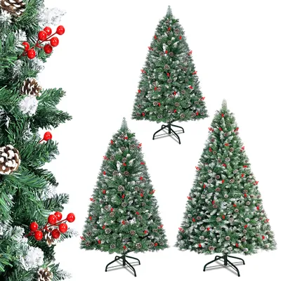 Productafbeelding van XMTECH 150 cm kerstboom, kunststof PVC dennenboom, kerstboom met houten voet, kunstboom voor kerst, inklapbaar met sneeuw-effect, met dennenappels