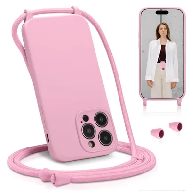 A pink iPhone case with a lanyard is shown, along with a smaller image of a person wearing a similar case.