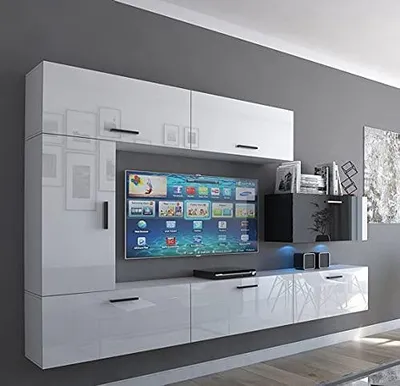 Produktbild von Furnitech Wohnwand Wohnzimmer - Wohnzimmer Möbel mit LED Blau - Hängend Wohnwand Modern - Regale und TV Schrank (Future C10/HG/BW3 1B)