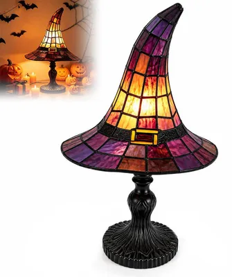 Produktbild von Hexenhut Lampe Halloween Deko, Gothic Nachtlicht aus Resin mit USB-Anschluss, dekorative Tischlampe für Wohnzimmer, Schlafzimmer und Party