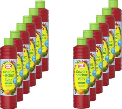 Produktbild von 12x 800 ml Hela Ketchup Curry delikat 30% weniger Zucker Gewürzketchup Flasche