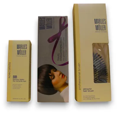 Produktbild von Marlies Möller Therm Brush & Beauty Styling Set Mini Hair Brush, Balm & Keratin Shampoo Sleek & Shine | Modell WLP-28834 | EAN 9007867211380