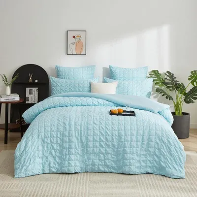 Produktbild von Bettwäsche Set Seersucker Blau 220x240cm Kariert Gebürstete Mikrofaser 3-teilig mit Reißverschluss
