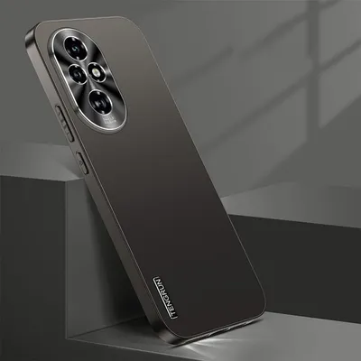 A dark gray smartphone case with a metallic camera module is displayed at an angle, leaning against a dark gray block. The background is a gradient of gray with subtle shadows.
