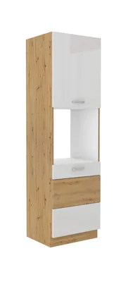 Produktbild von Küchen Hochschrank 60 cm Eiche Artisan + Weiss Hochglanz Küchenzeile Küchenblock