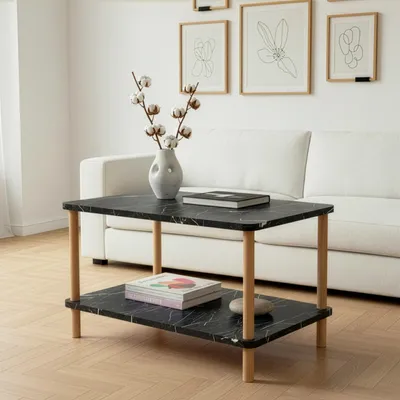 Produktbild von Beistelltisch Rechteck mit 2 Ablagen 70x44 cm Sofatisch Couchtisch Nachttisch Wohnzimmer Schlafzimmer Holzbeine Skandinavisc (Rechteck-Schwarz-Marmor)