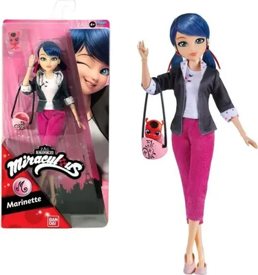 A doll of the character Marinette from Miraculous Ladybug, shown in its packaging and also displayed outside of the packaging.