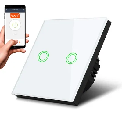 Obrázok produktu pre Inteligentný 2-násobný dotykový vypínač WiFi Kompatibilný s aplikáciou Tuya APP Nástenný vypínač Sklenený vypínač so zmenou farby LED podsvietenia Zapustený vypínač 85x85 mm (2-násobný okrúhly, biely)