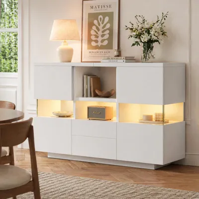 Produktbild von Mehrzweckschrank Wohnzimmerschrank 75x140x35 cm mit LED-Beleuchtung & Schubladen, modernes Sideboard abschließbar mit Glastür, Weiß Holz