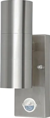 A silver outdoor wall light with a motion sensor.
