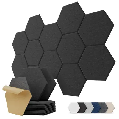 Image de Panneau acoustique mural hexagonal - 30 x 26 x 0,9 cm - Noir - Lot de 12 - Pour gaming et bureau à domicile