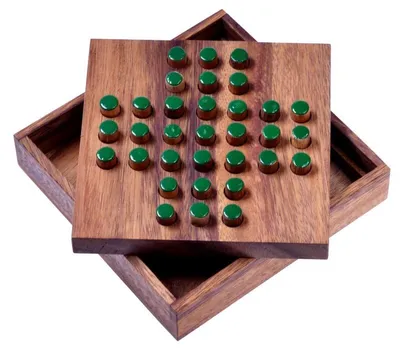 Produktbild von Solitär Gr. L mit grünen Steckern – Solitaire – Denkspiel aus Holz für 1 Person