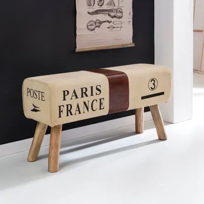 Produktbild von FineBuy Design Sitzbank POSTE Turnbock 90cm Stoff & Mangoholz - Retro Sitzhocker - Hocker mit Holzbeinen - Sprinbock - Garderobenbank