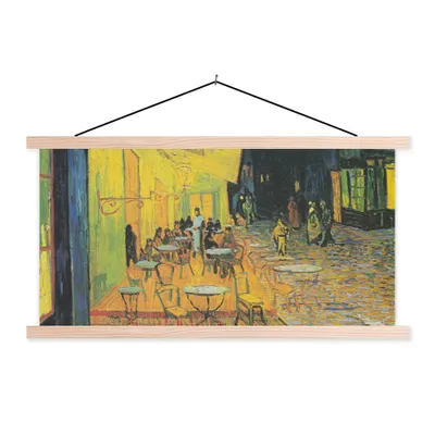 Produktbild von MuchoWow® Textilposter Caféterrasse bei Nacht - Vincent van Gogh 120x60 cm mit holzfarbenen Rahmen - Klemmleiste