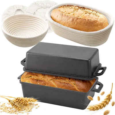 Produktbild von Brotbackform mit Deckel inkl. Gärkorb Brot Set - Robuste 28cm Backform aus Gusseisen - Ideal als Kastenform, Toastbrot Backform, Brotform, Brottopf