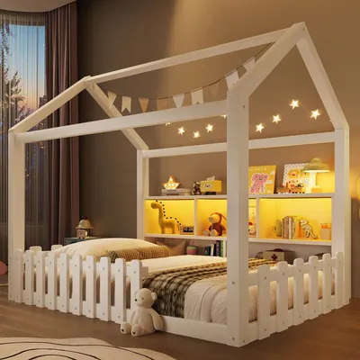 Immagine prodotto di Letto per bambini Merax 90x190 cm, con sponde, striscia luminosa a LED, vani portaoggetti aperti, design a casetta, legno di pino, letto per ragazzi, letto a terra, bianco