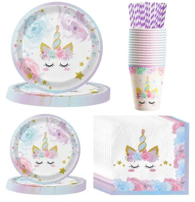 Immagine prodotto di Set di stoviglie per feste, 84 pezzi, tema unicorno, colore lilla, ideale per feste di compleanno per bambini. Include piatti di carta, tovaglioli, bicchieri, cannucce. Dimensioni: 23 cm (9 pollici) e 18 cm (7 pollici)