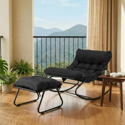 Obrázek produktu pro Houpací křeslo s podnožkou - Zahradní relaxační lehátko - Nosnost do 150 kg - Kovová konstrukce - Vhodné pro zahradu, balkon, terasu - Minimalistický design - Černá barva