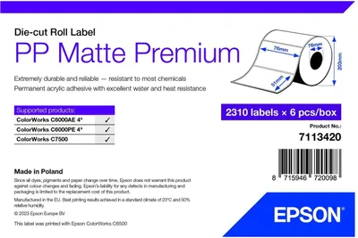 Produktbild von Epson 7113420, Weiß, Selbstklebendes Druckeretikett, Gestanztes Etikett, Rolle, Tintenstrahl, Acryl