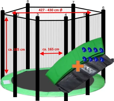 Produktbild von walexo Trampolin Randabdeckung + Sicherheitsnetz für 8 Stangensystem ( 427 cm Ø, Hellgrün/Schwarz )