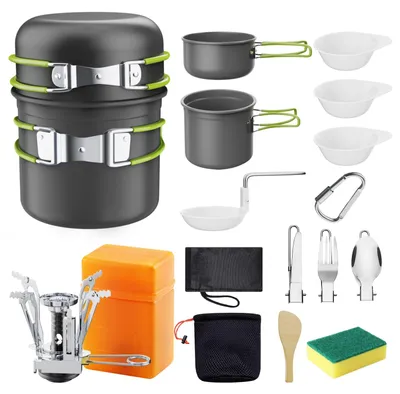 Produktbild von Camping Kochset Aluminium, für Camping, Töpfe und klappbares Besteck, Teller