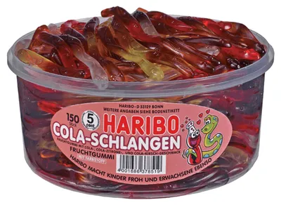 Produktbild von Haribo Cola-Schlangen, Weiche Süßigkeiten, 1,05 kg, Kirsche (Frucht), Fruits, Zitrone, Rot, 1459 kJ, 343 kcal