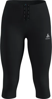 Schwarze 3/4-Lauftights mit elastischem Bund und Odlo-Logo auf dem linken Oberschenkel