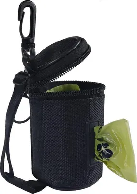 Immagine prodotto di Portasacchetti per escrementi da agganciare al guinzaglio - Piccolo zainetto con fibbia regolabile e tracolla - Accessorio da escursione per cani - Nero