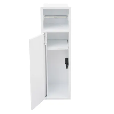 A white bathroom cabinet with its door open, showing shelves and a toilet paper holder.