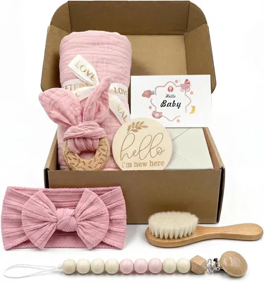 Produktbild von Babygeschenk für Mädchen 7-in-1, zur Babyparty, Badetuch, Beißring, Haarband, Meilensteinkarten