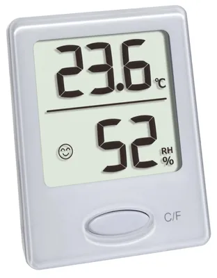Produktbild von TFA-Dostmann Thermo-Hygrometer digital, zur Kontrolle von Innentemperatur und Luftfeuchtigkeit, Digital, Rechteckig, CR2032, 46 mm, 18 mm, 59 mm
