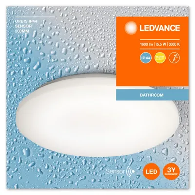 The image shows the packaging of a LEDVANCE ORBIS IP44 SENSOR 300MM light fixture, with water droplet graphics on the background.