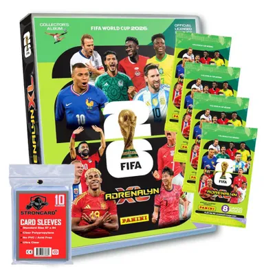 Produktbild von Fifa World Cup 2026 Adrenalyn XL - WM Trading Cards Sammelkarten - 1 Mappe + 4 Booster + 10 STRONCARD Sleeves