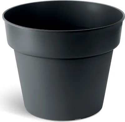 A black plastic plant pot on a white background.