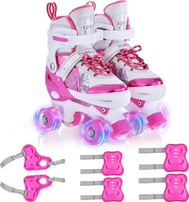 Produktbild von Rollschuhe fuer Kinder mit Schutzausruestung, 4 Groessen verstellbare leuchtende LED-Raeder, Rollschuhe fuer Maedchen (M)