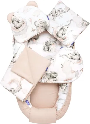 Produktbild von JUKKI Baby Nestchen 5tlg BAUMWOLLE SET für Neugeborene [Elephant's Paradise] 2seitig 100x55cm Babynest + Matratze + Decke + 2xKissen