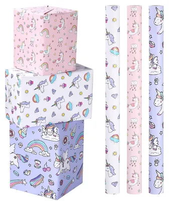 Immagine prodotto di Set di 3 fogli di carta da regalo a tema unicorno, ideali per confezionare regali di compleanno
