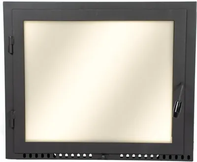 A front view of a black metal fireplace door with a cream-colored glass insert.