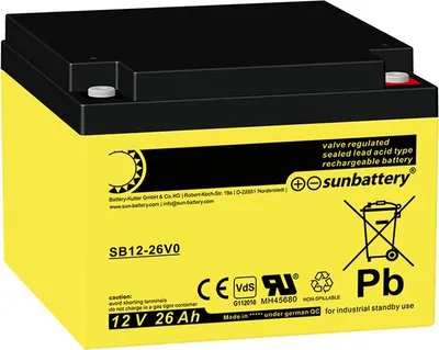 Obrázok produktu pre Sun Battery SB12-26V0 12 V 26 Ah DxŠxV 167 x 175 x 125 mm Vnútorný závit M5 Certifikát VdS G112010, plášť odolný voči ohňu
