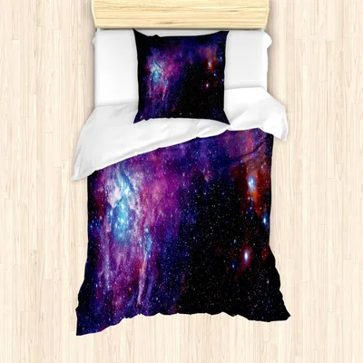 Produktbild von ABAKUHAUS Galaxis Bettbezug Set, Himmelskörper Ferne Planeten Sternennacht Nebelfleck Wolken Himmlisches Thema, 135 x 200 cm + 80 x 80 cm, Schwarz Violett Blau