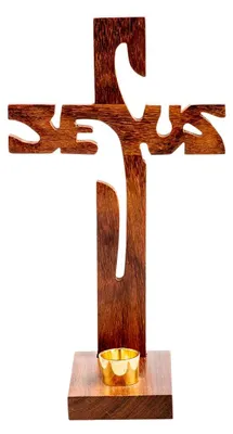 Stehendes Holzkreuz Jesus 24 cm für Teelichter Ø 2,0–2,3 cm