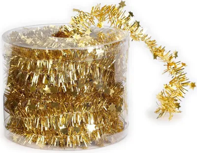 A roll of gold tinsel garland with stars, partially unspooled.
