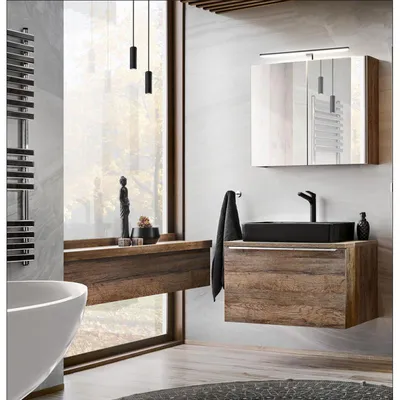 Image de Ensemble meuble vasque + cabinet miroir - 80 cm - Rosario Oak