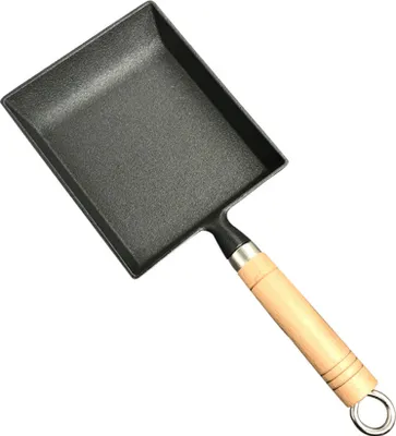A black rectangular omelet pan with a wooden handle, shown against a white background.